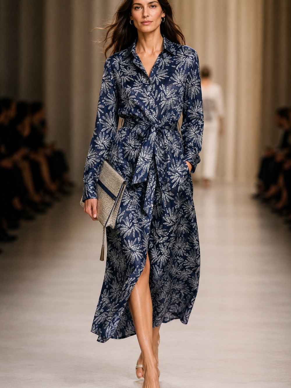Brunello Cucinelli Silk Shirt Dress MIDI Blue Grey Floral Print Belted Sz S